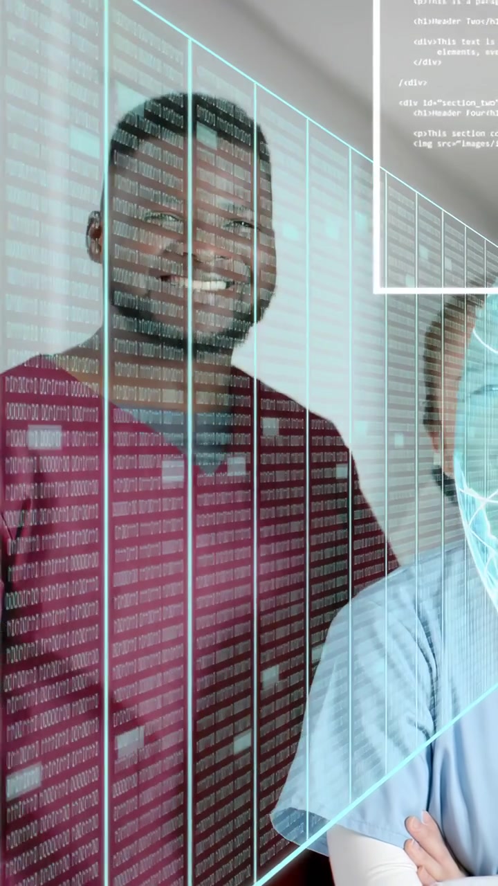 Video verticale: Due operatori sanitari in clinica, mentre ologrammi iniziano a scorrere su di loro mostrando dati.