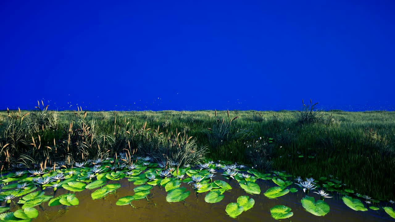 시골의 아름다운 연못의 풍경, 아름다운 자연, 곤충, 나비 및 새, 모스, 푸른 화면 앞에 녹색 잔디, 끝없는, 루프 현실적인 3d 애니메이션.