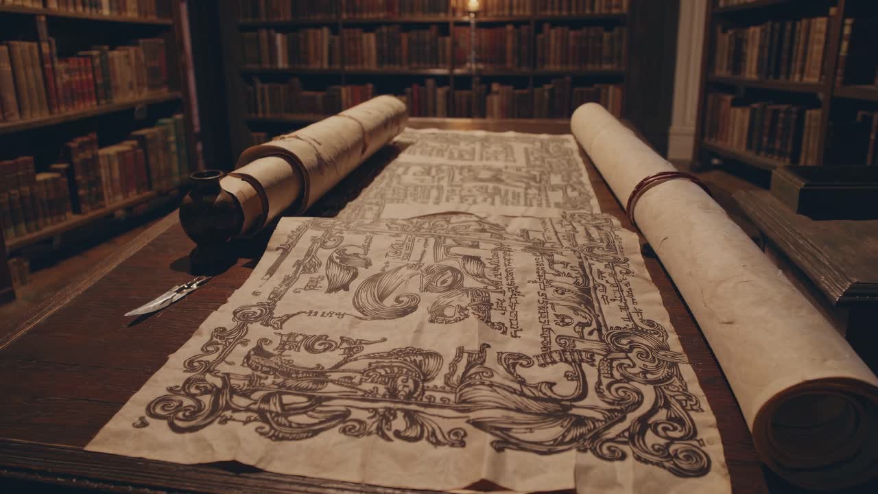 A vintage library scene with scrolls on a wooden table, captured from a low angle