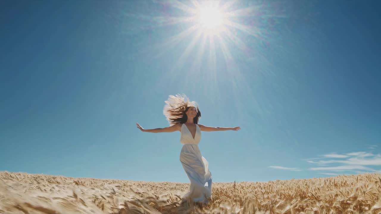A woman in a white dress walks through a wheat field under a bright sun