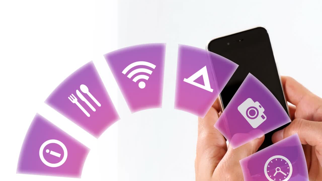 animación de iconos de viajes y hombre caucásico usando un teléfono inteligente