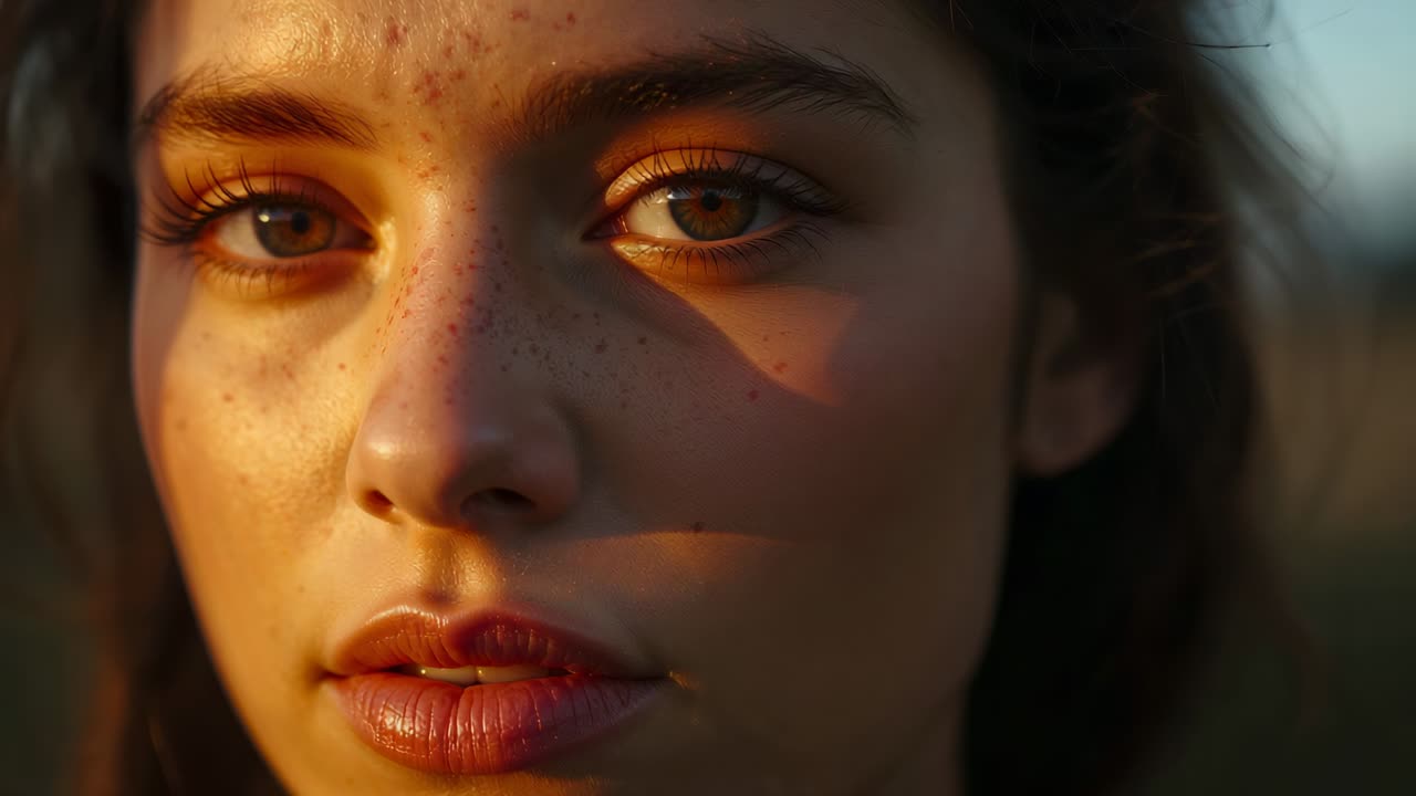 Camera pulling back revealing woman tilting head upward at golden hour, showing acne and freckles