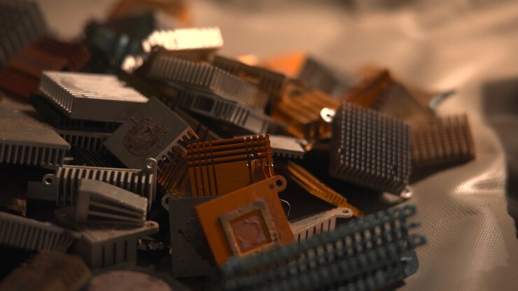 Stack Of Chips And Heatsinks Closeup, Warm Cinematic Lighting On Pile Of Salvaged Modules, Flex Ribbons . Media