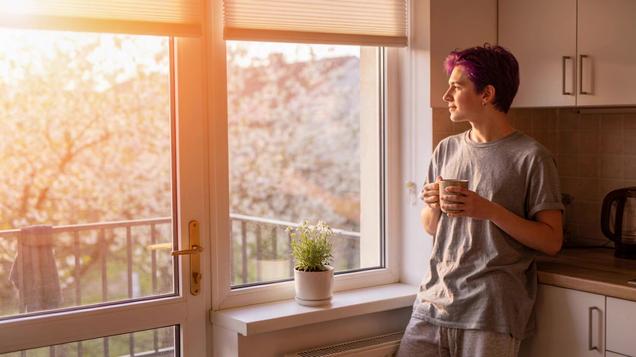 Donna in piedi con un completo grigio che tiene una tazza di ceramica alla finestra della cucina, la luce del sole che attira lo sguardo, con spazio per il testo.
