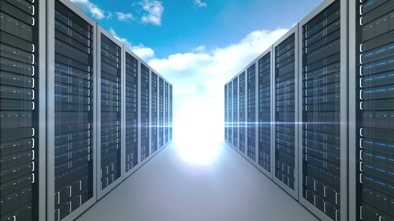 Server tower on cloudy sky background 
