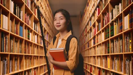 side view of asian woman student with a backpack and a book standing with one arm akimbo and looking around in the library