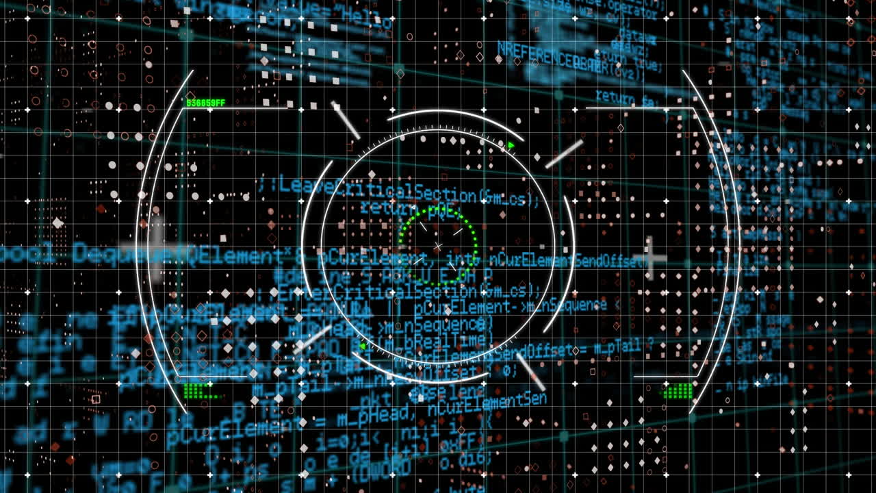 Animation of rotating safe lock and data processing, on black