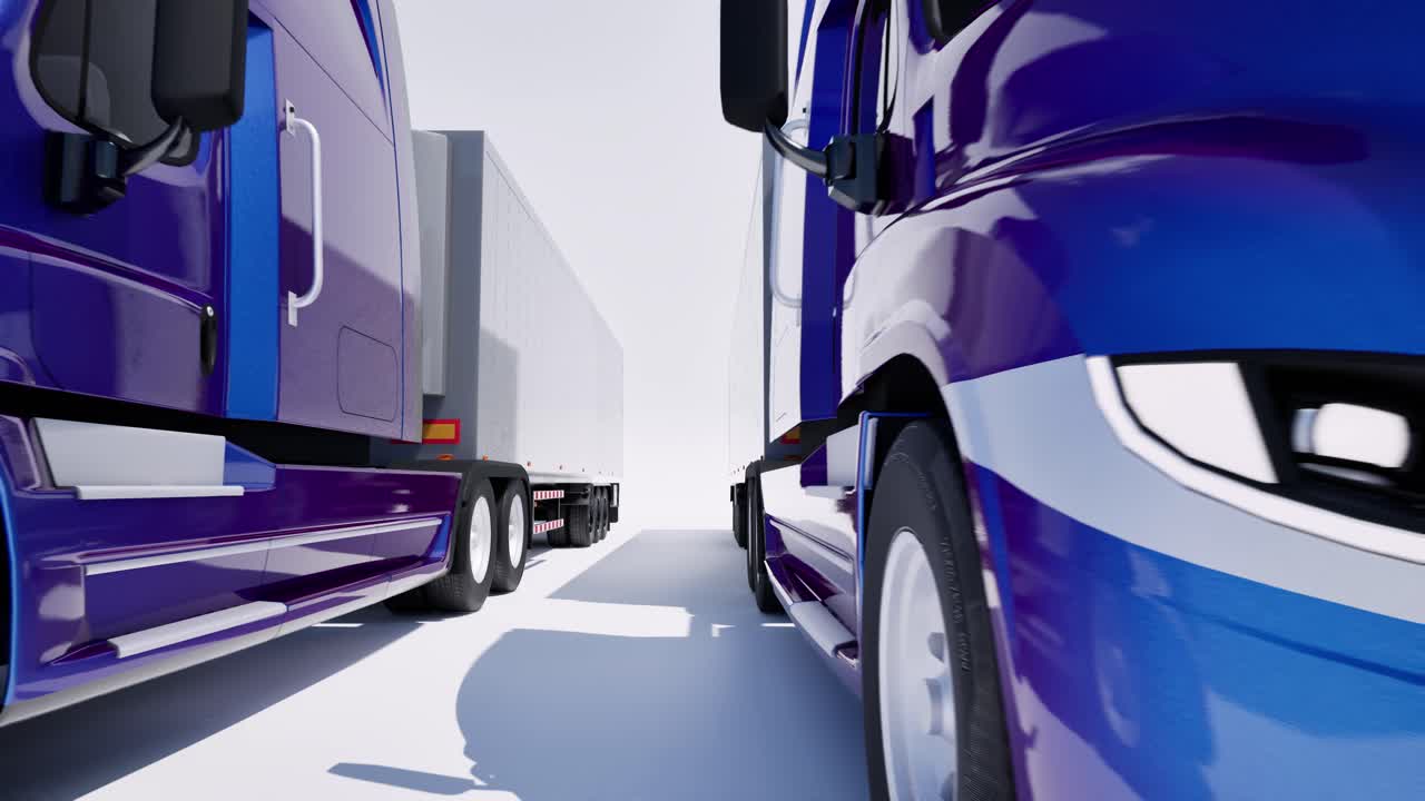 미국 스타일의 파란색 반 트럭과 백색 배경의 트레일러 3d 애니메이션 카메라  아웃