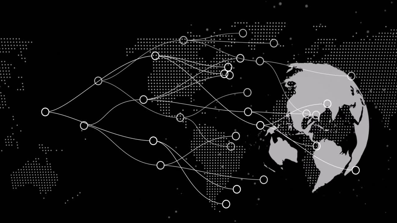 Digital animation of network of connections over spinning globe and world map on black background