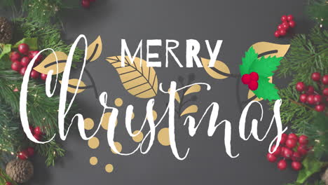 animación del texto de feliz navidad sobre las decoraciones navideñas