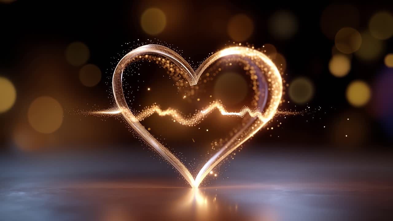 Golden heart pulses with sparkly energy. Soft bokeh lights glow behind it. Heart glows gently on reflective surface. Emotion radiates warmth and hope. Perfect for romantic, wellness