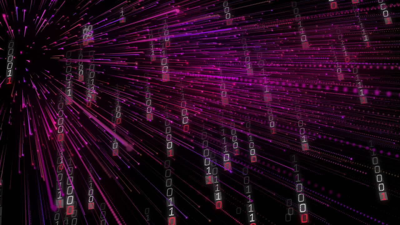 Animation of binary coding and data processing over black background