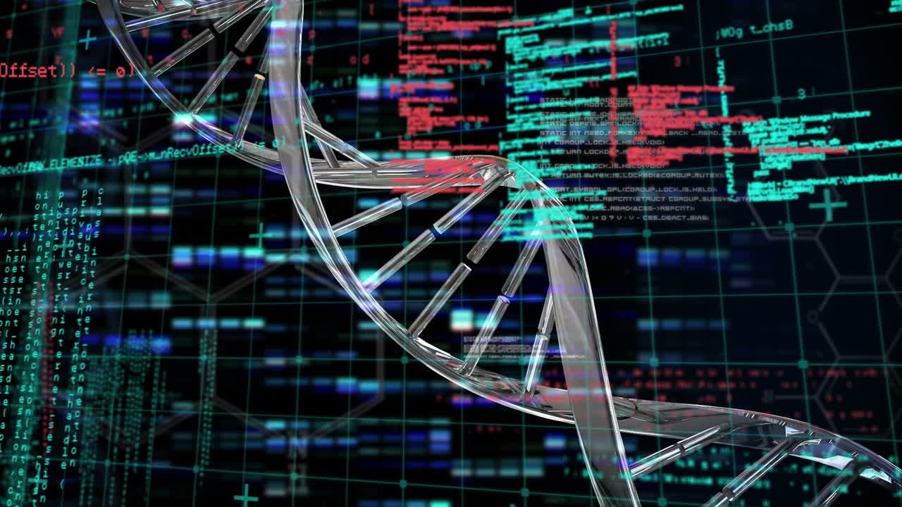 Animation of dna strand and data processing over black background