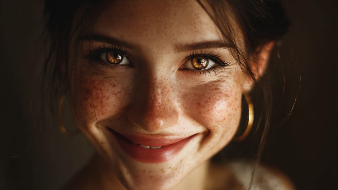 Capturing the Essence of Joy: A Beautiful Portrait of a Young Woman with Freckles, Sparkling Eyes, and a Warm Smile, radiating Happiness and Charm in Soft Lighting