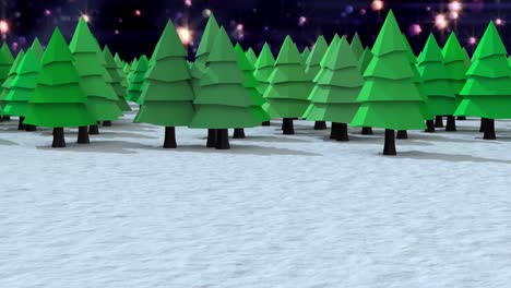 Multiple-trees-on-winter-landscape-against-spots-of-light-floating-on-blue-background