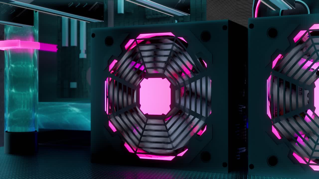 animación 3d de equipos de minería en bastidores de soporte minero criptomoneda en contenedor de acero. aplicación de tecnología blockchain específico centro de datos de circuitos integrados. luces de sala de servidores.