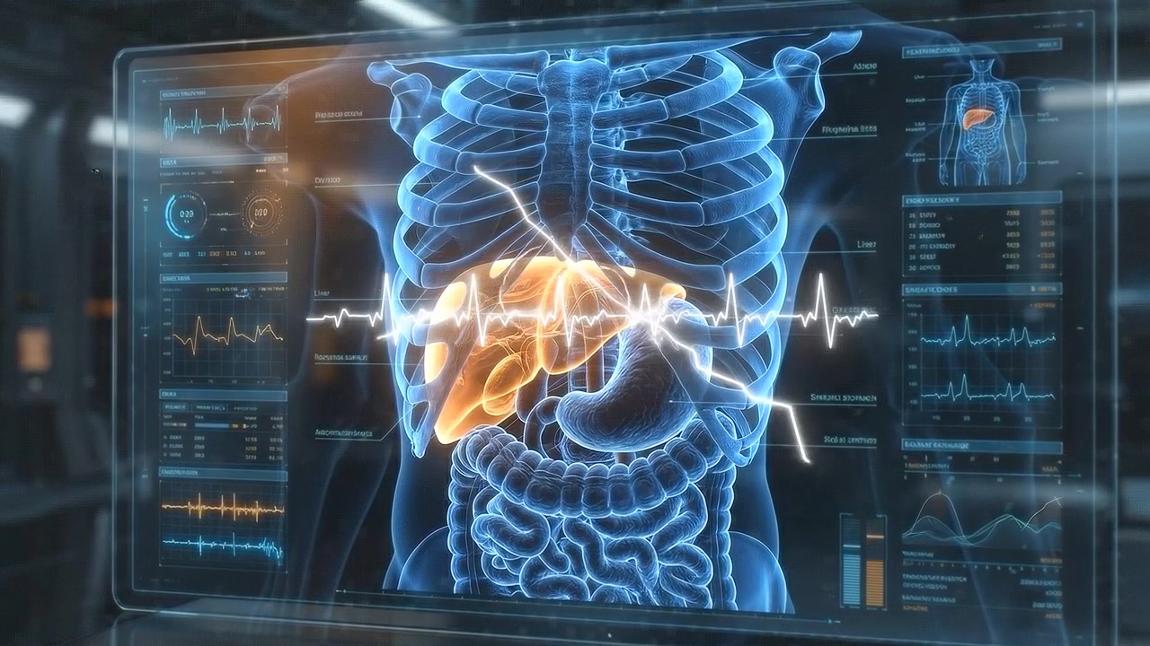Digital Medical Interface Displaying Human Liver Anatomy and Vital Signs