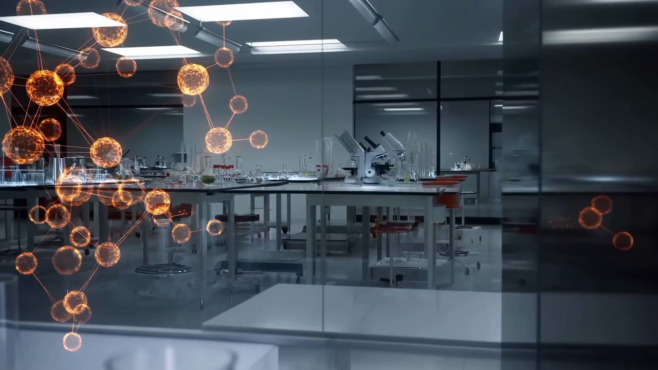Panoramic interior shot through glass into modern laboratory where translucent orange molecular network graphic with glowing connected spheres overlays left side of frame while rows of workbenches