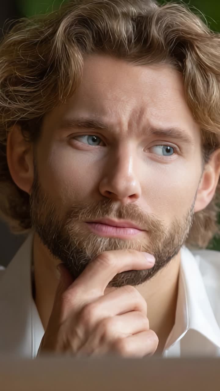 Contemplative Expression of a Young Man with Thoughtful Gaze and Stylish Hair in a Natural Indoor Setting, Captured in Two Distinct Frames