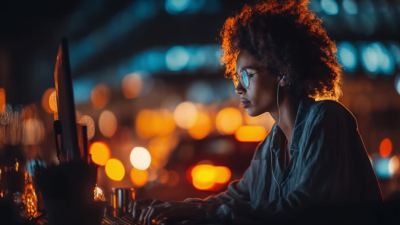 Persona concentrata che lavora fino a tardi la notte con le cuffie, impegnata in un'attività digitale su uno sfondo sfocato di luci calde della città