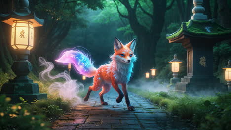 a mystical fox with a glowing tail on a serene forest path with traditional lanterns