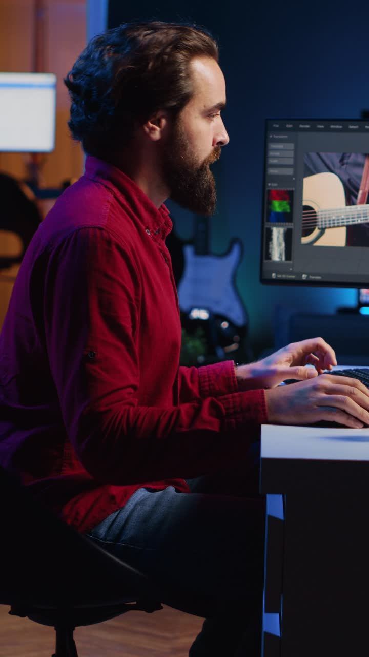 Vertical video Video editor starting work on film montage, using specialized software applications on PC