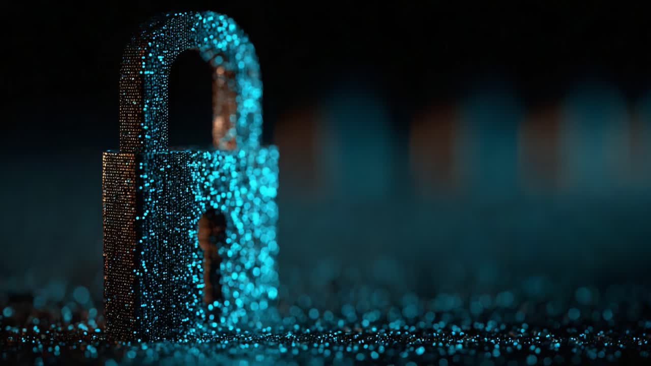 A Close-Up View of a Metallic Lock Surrounded by Glittering Particles in Vibrant Blue and Orange Light, Symbolizing Security and Protection in a Distinctive Artistic Setting