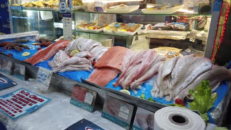salmon tuna and cold fishes displayed at indoors market in buenos aires city argentine famous marketplace in caballito neighborhood