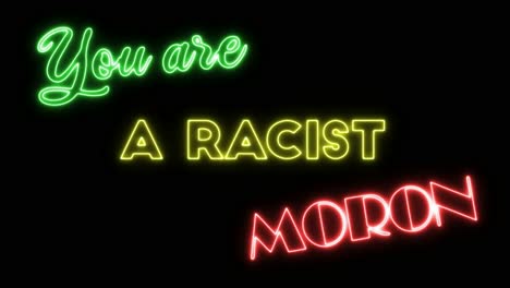 un letrero de neón con texto en negrita que aparece gradualmente, entregando un mensaje provocativo y llamativo: eres un idiota racista