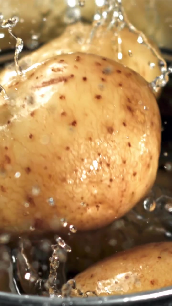 Patate fresche lavate con schizzi d'acqua al rallentatore