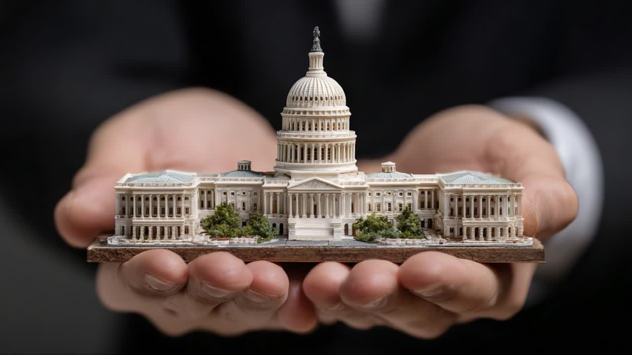 Un modello in miniatura dettagliato di un iconico edificio governativo tenuto delicatamente tra le mani, che mostra l'artigianato e la bellezza architettonica in una presentazione mirata
