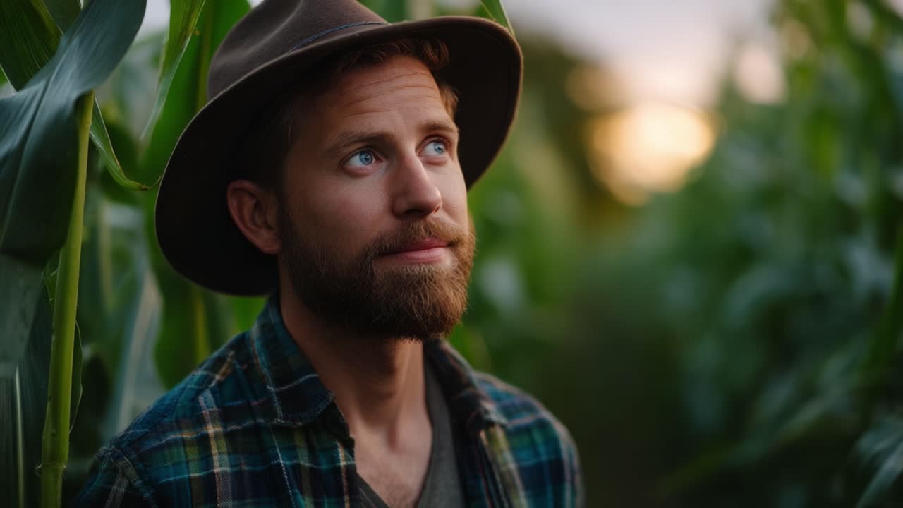 Un agriculteur pensif contemple l'horizon, entouré de champs de maïs verdoyants et luxuriants, tandis que la lumière chaude du crépuscule diffuse une ambiance sereine sur la campagne