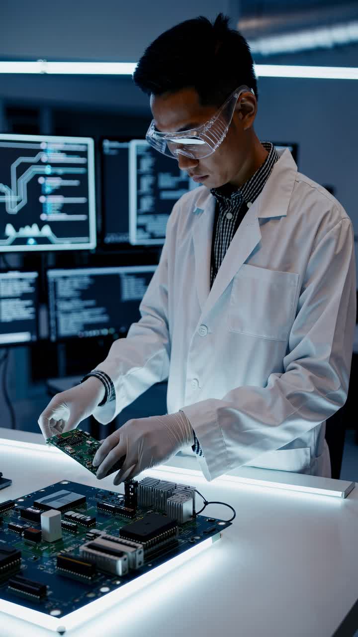 A high-angle video still of a scientist in a lab coat and goggles, examining circuit boards