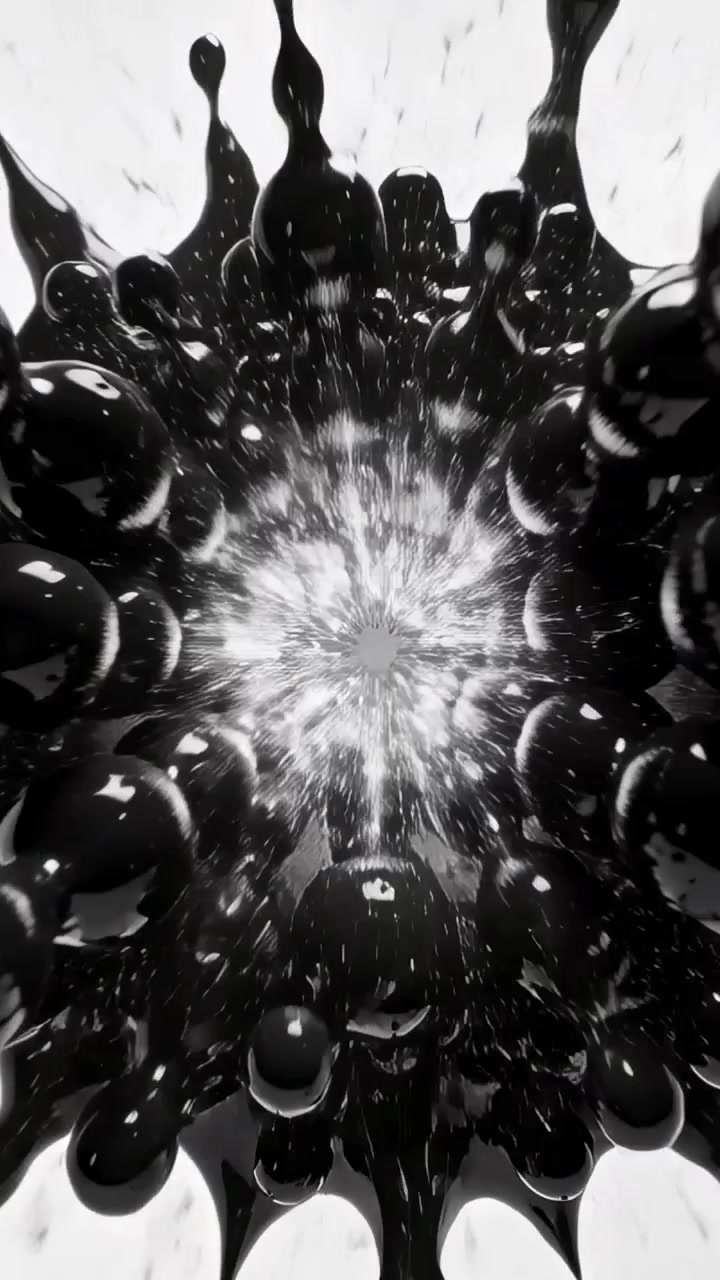 Vidéo verticale : Explosion centrale lumineuse projetant des gouttes noires brillantes qui forment des lignes radiales sur un fond blanc.