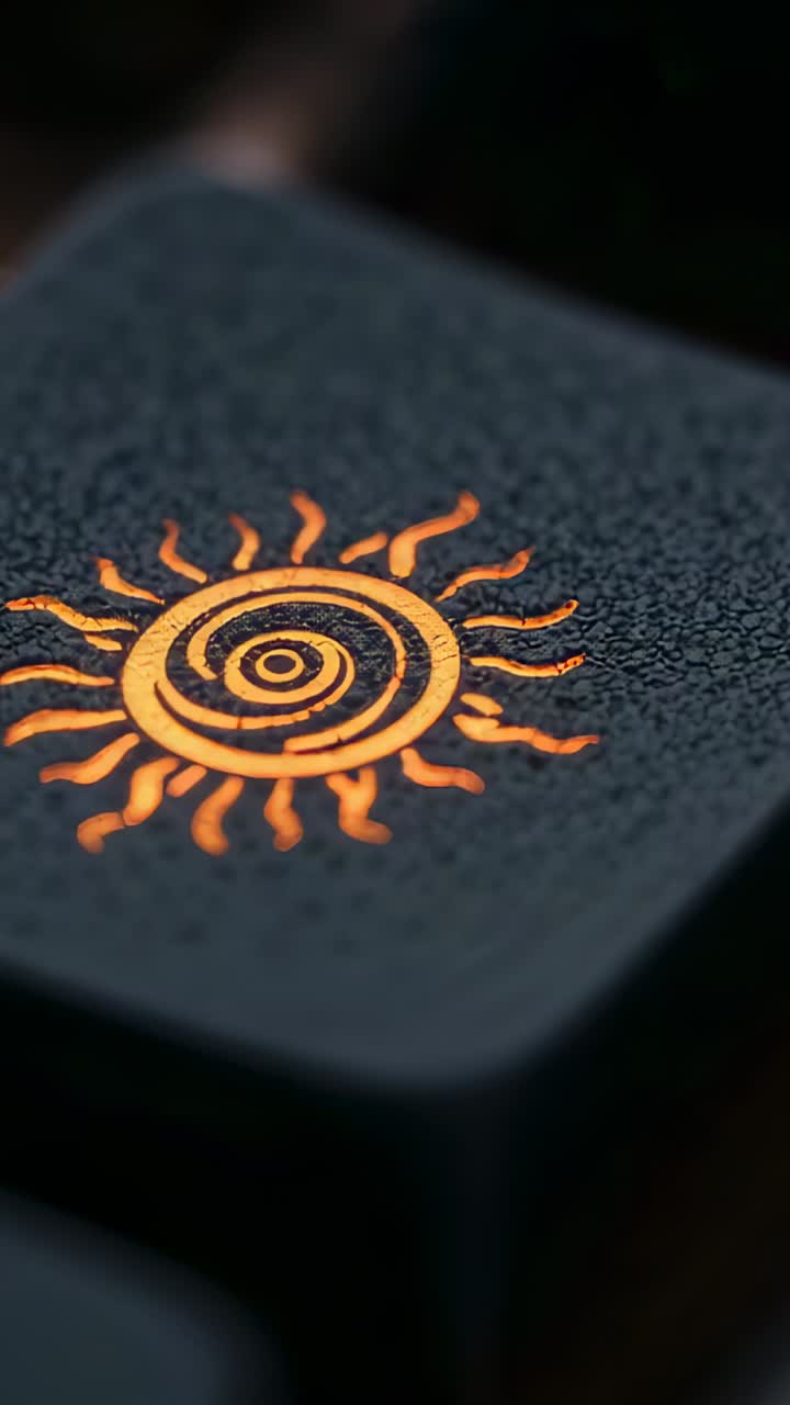 Vertical video: Starting blurry, camera focusing on sun-spiral keycap at desk, revealing orange LED