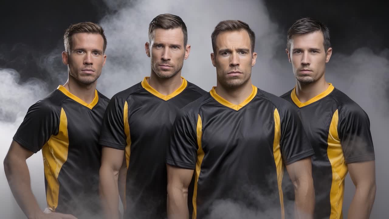 Four Athletic Men in Dynamic Black and Yellow Sports Jerseys Pose Together Amidst a Dramatic Fog, Showcasing Strength, Team Spirit, and Determination in a Captivating Image
