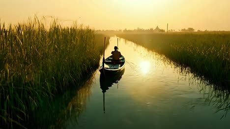 man rowing a boat on a canal at sunrise