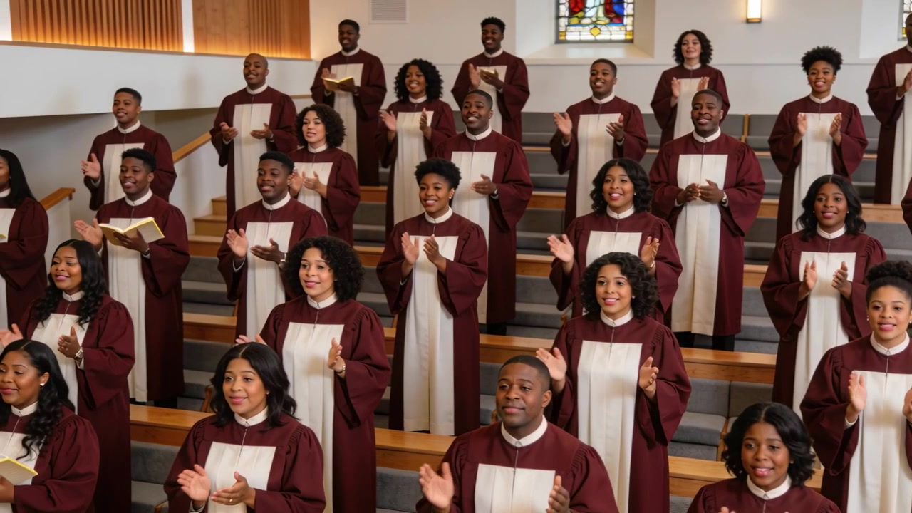 Coro che canta in tuniche color marrone, seguendo l'indicazione musicale, abbassando gli innari e applaudendo sulle gradinate della chiesa