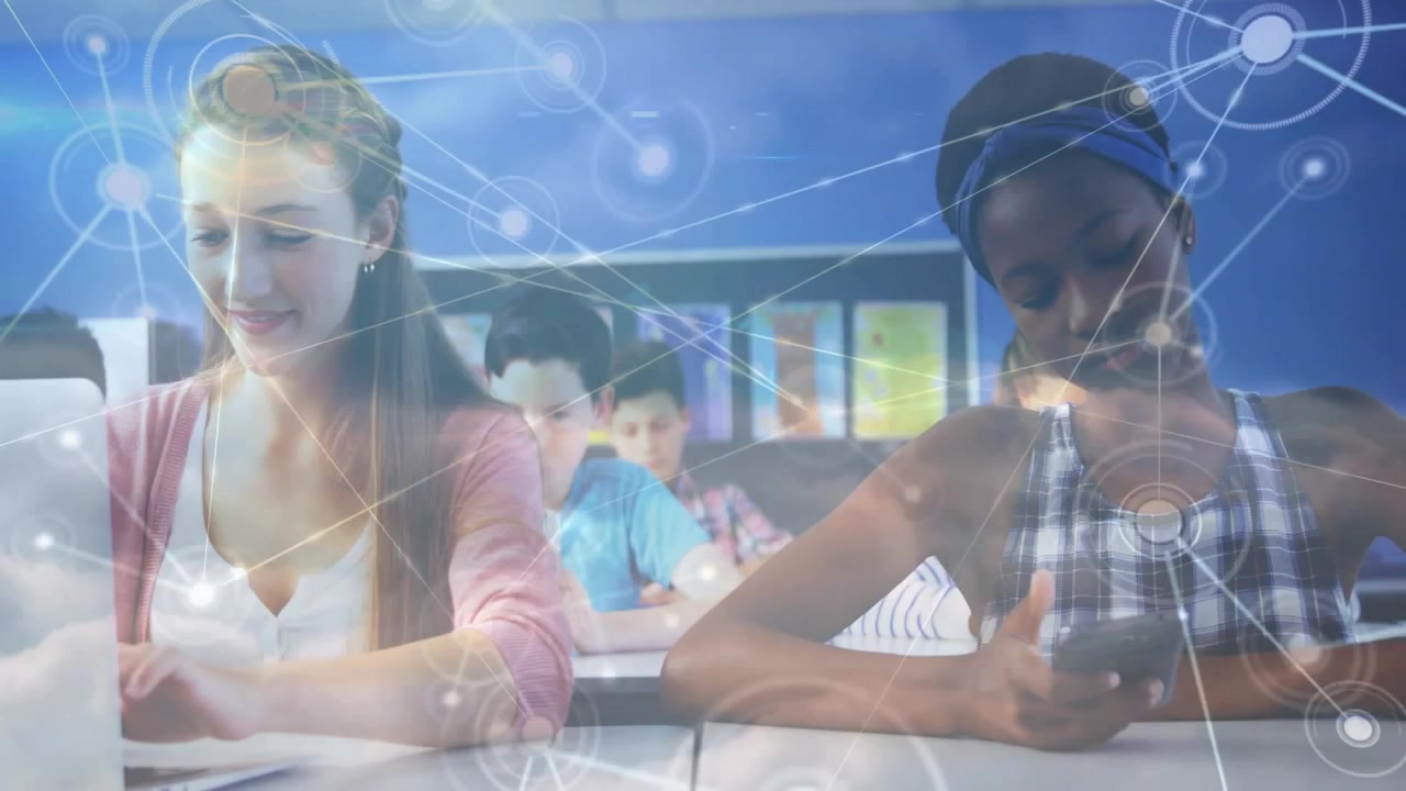 Female student tapping smartphone, sparking network overlay linking laptop and phone for class work