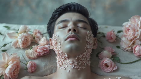 serene portrait of a man adorned with pink roses and petals