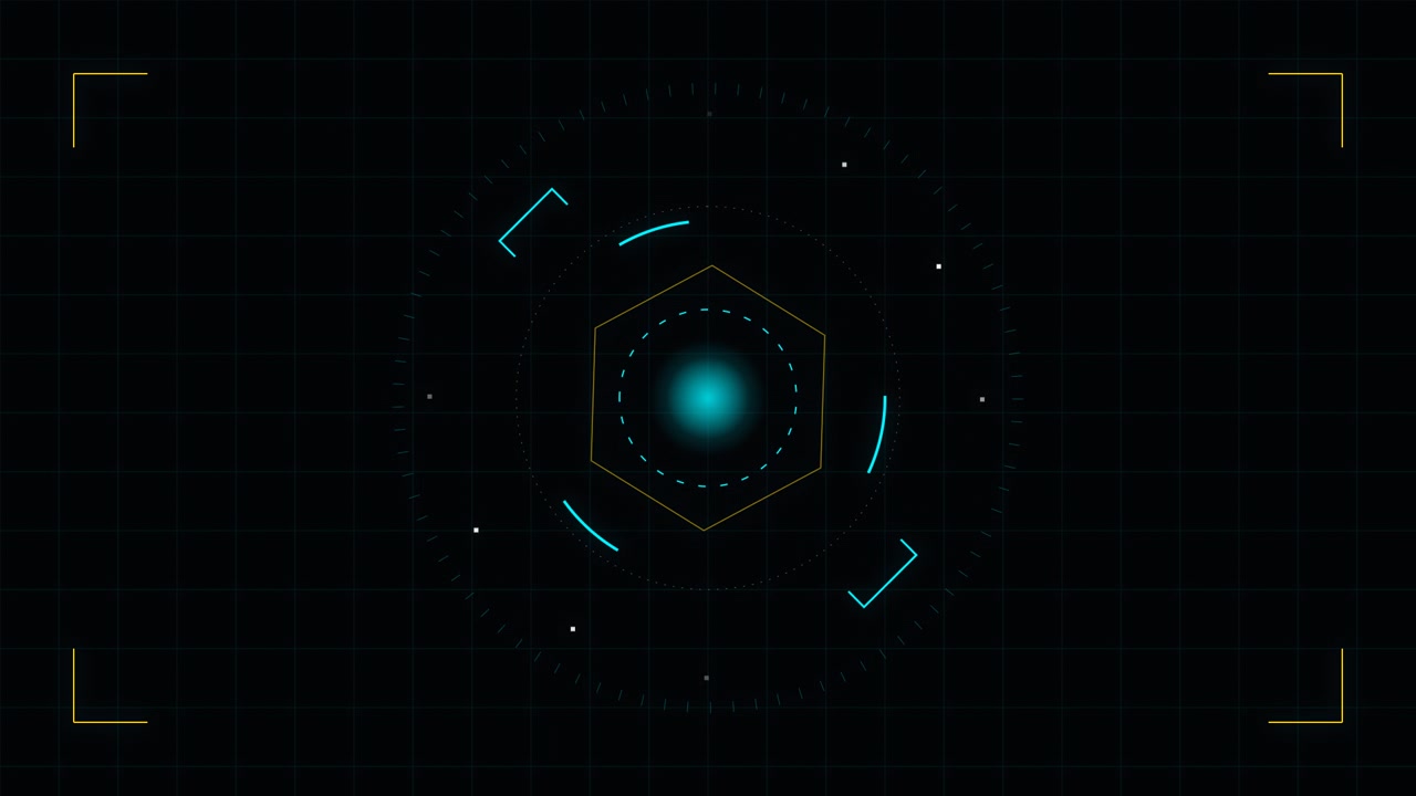 Futuristic Digital HUD Interface with Rotating Hexagon and Glowing Core