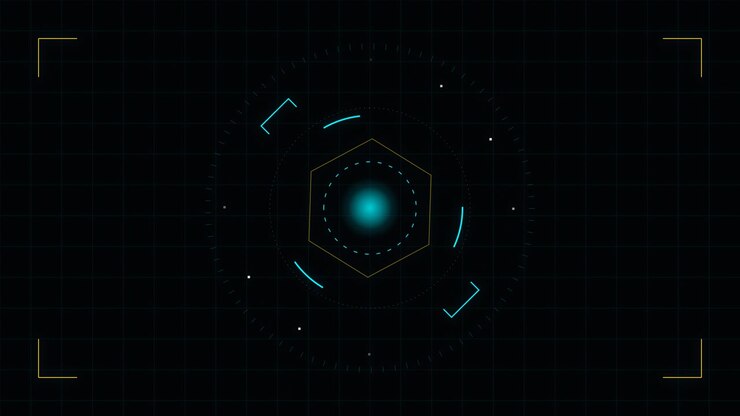 Futuristic Digital HUD Interface with Rotating Hexagon and Glowing Core