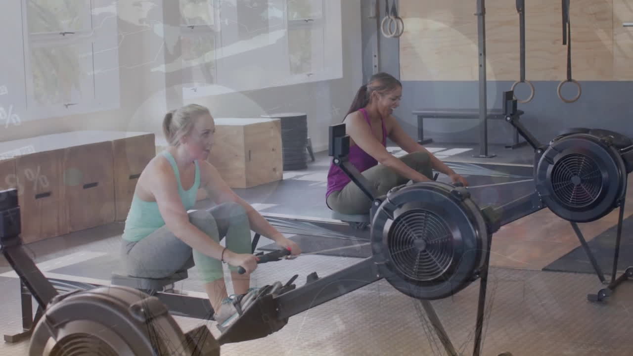 체육관에서 운동하는 다양한 사람들의 금융 데이터 처리의 애니메이션