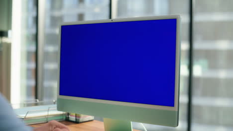 zoom out analyst waving chromakey virtual call. employee using blue screen pc