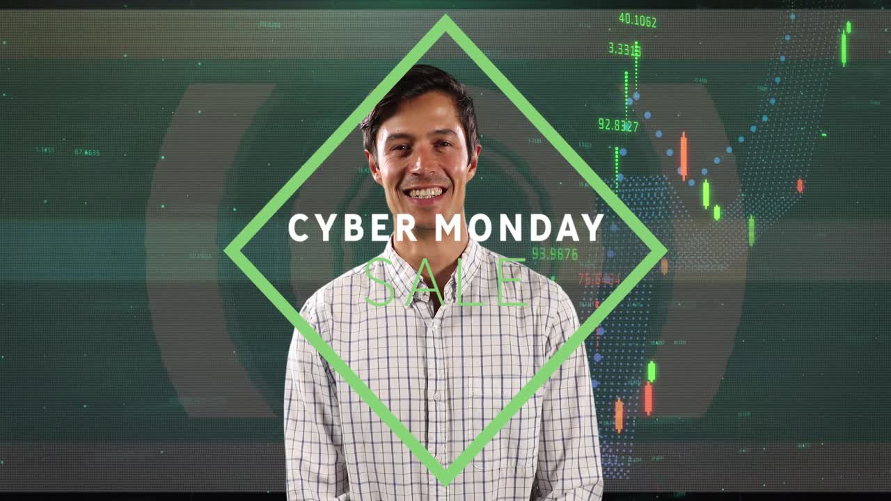 animación de cyber monday texto y procesamiento de datos sobre hombre caucásico sonriendo