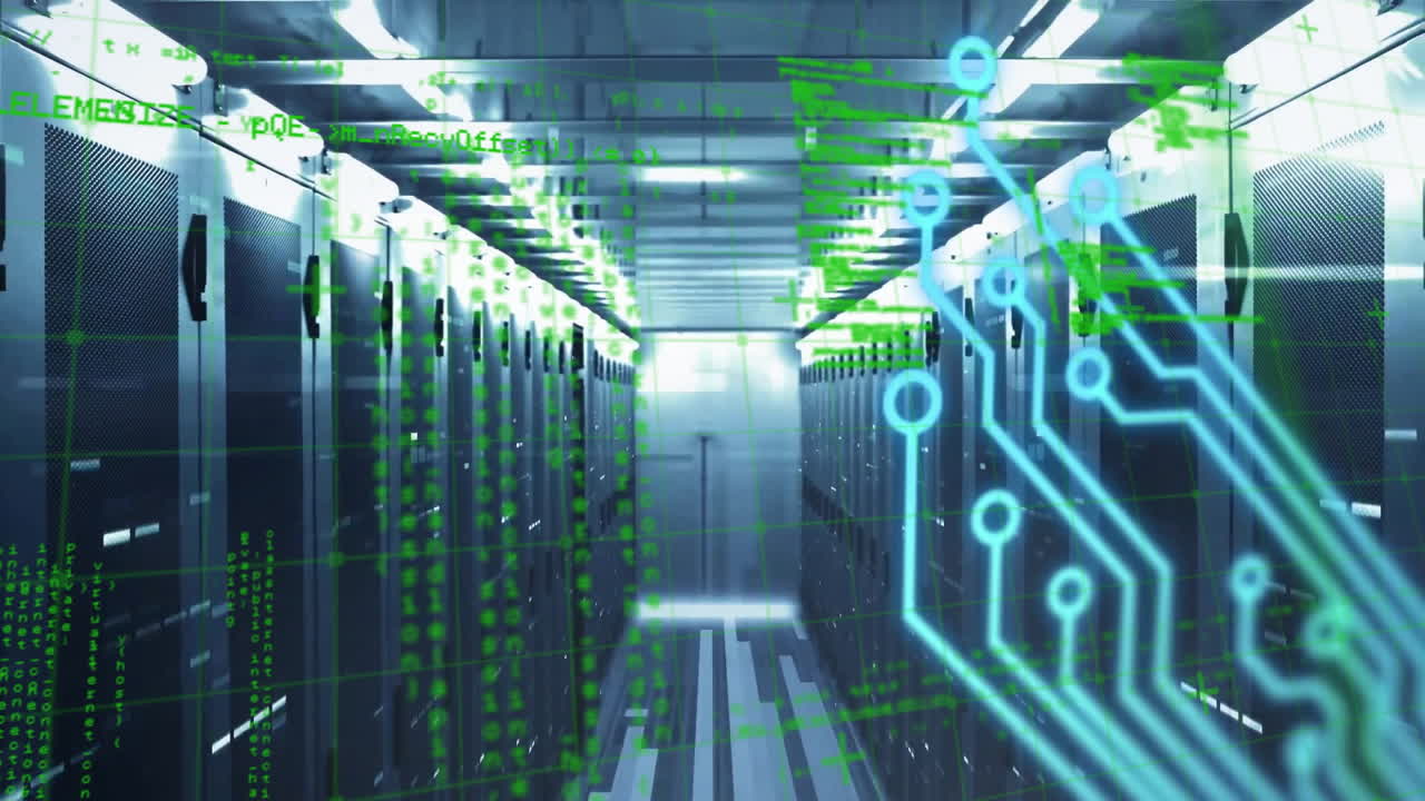Animation of circuit board and data processing over computer servers