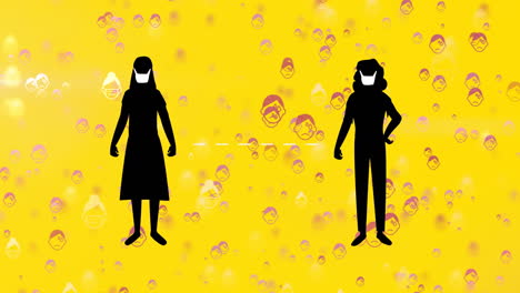 animación de dos personas con máscara de coronavirus covid19 y distanciamiento social sobre un fondo amarillo