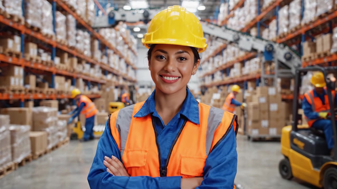 Lavoratore di magazzino fiducioso con equipaggiamento di sicurezza che supervisiona operazioni efficienti tra scatole organizzate, evidenziando il lavoro di squadra e la sicurezza nell'ambiente logistico
