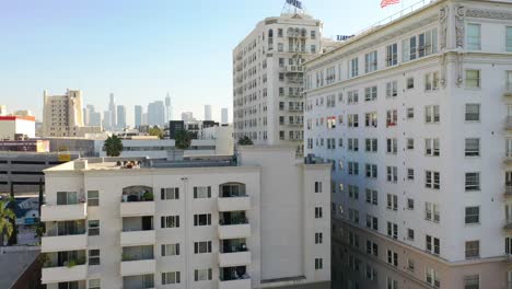 rising aerial of the bryson and royale apartment buildings in the wilshire district of los angeles california