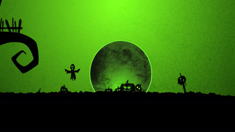 animación del cementerio de halloween, fantasmas y luna llena sobre fondo verde